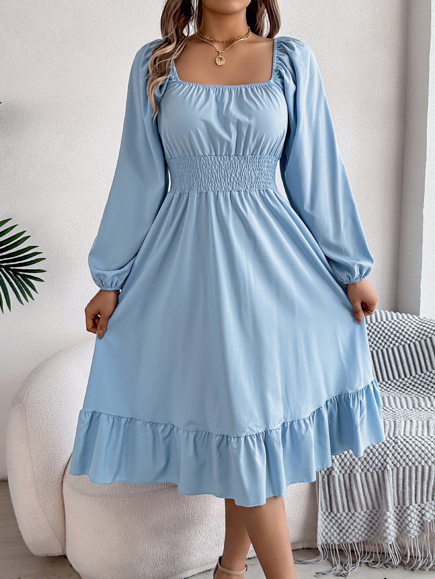 Women Square Neck Fit and Flare Midi Dress
