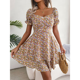 Yellow Floral Printed Puff Sleeve Layered Fit & Flare Dress