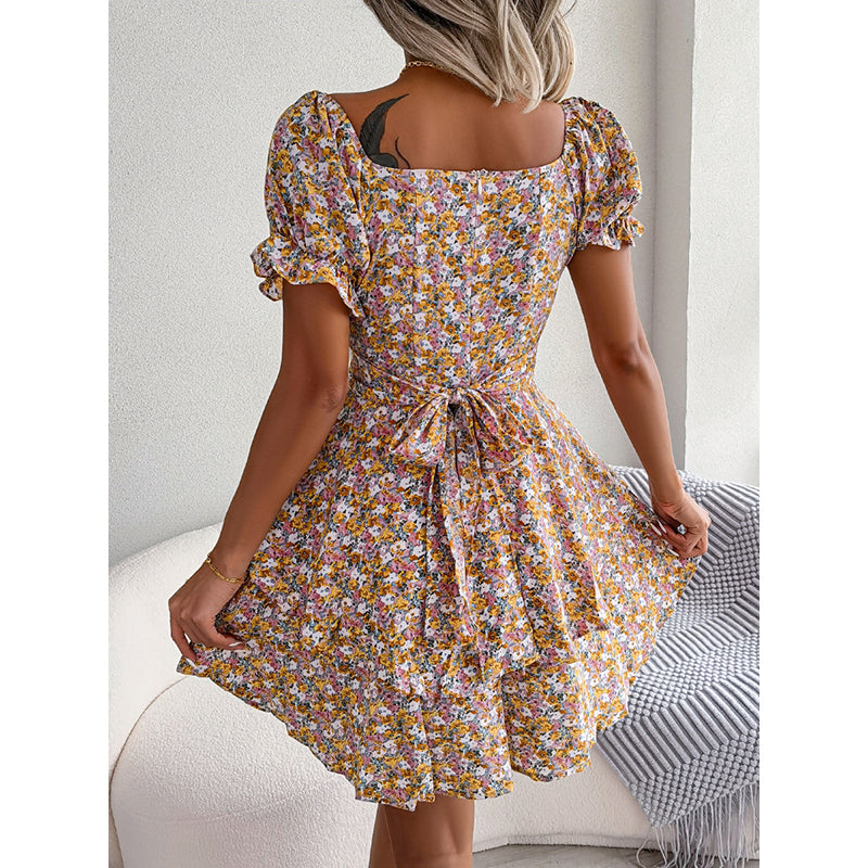 Yellow Floral Printed Puff Sleeve Layered Fit & Flare Dress