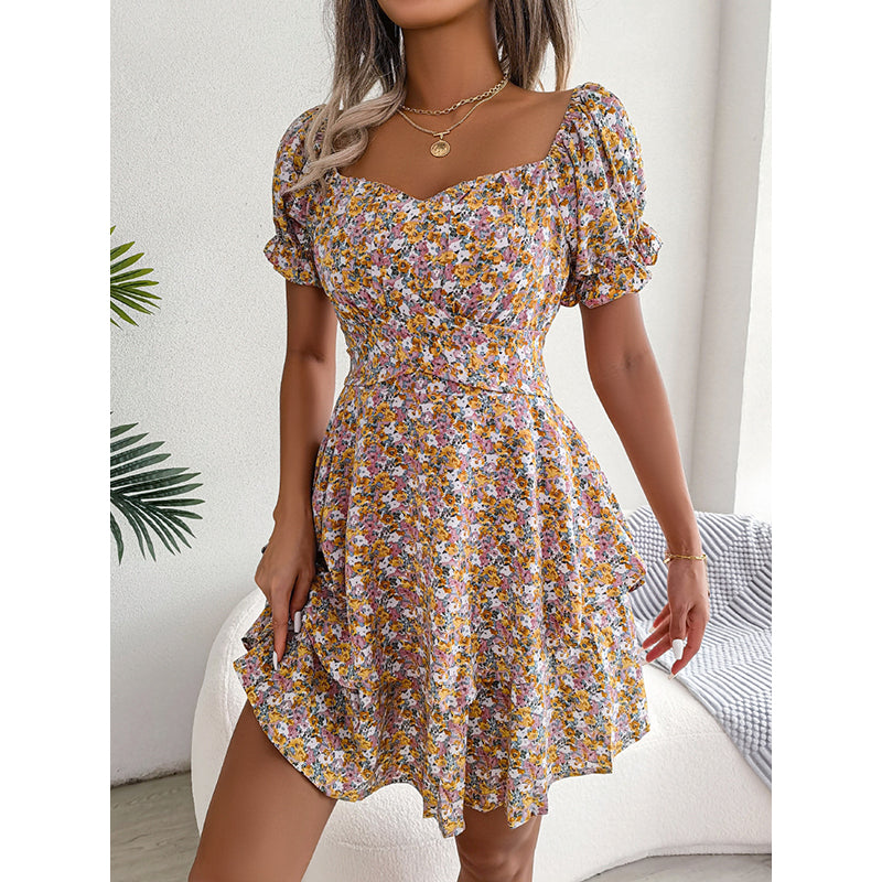 Yellow Floral Printed Puff Sleeve Layered Fit & Flare Dress