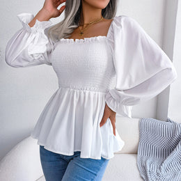 White Square Neck Puff Sleeve Smocking Top