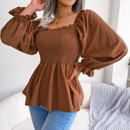 Brown Square Neck Puff Sleeve Smocked Linen Top