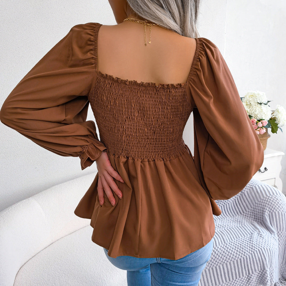 Brown Square Neck Puff Sleeve Smocked Linen Top
