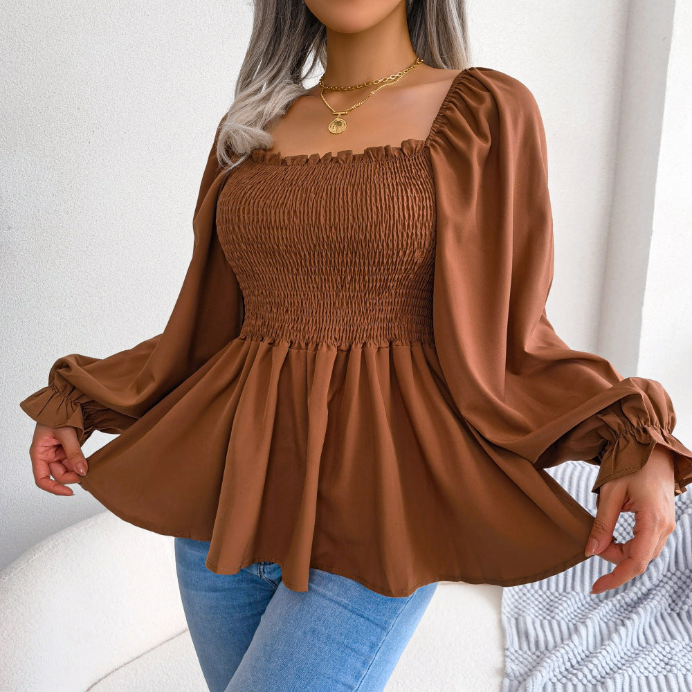 Brown Square Neck Puff Sleeve Smocked Linen Top
