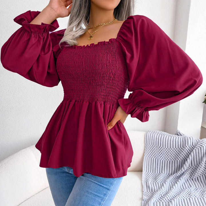 Maroon Puff Sleeves Smocked Peplum Top