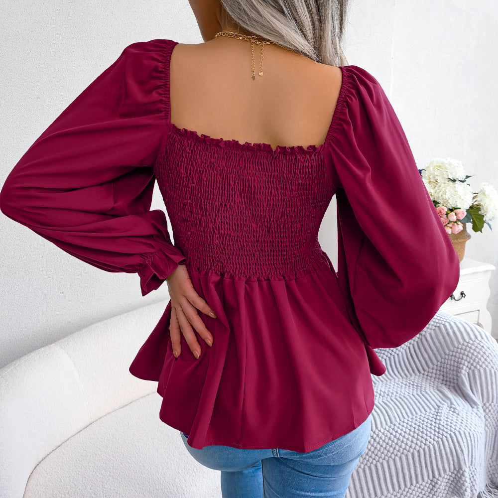 Maroon Puff Sleeves Smocked Peplum Top