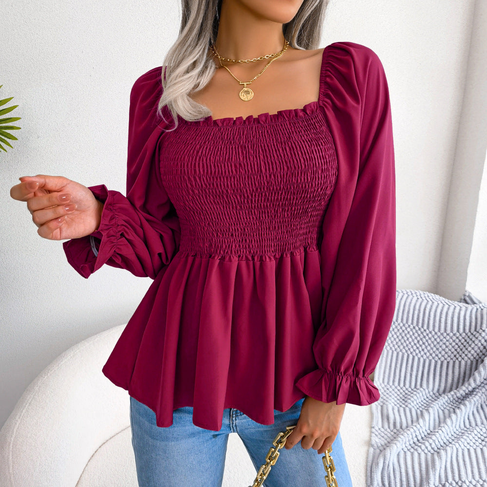 Maroon Puff Sleeves Smocked Peplum Top