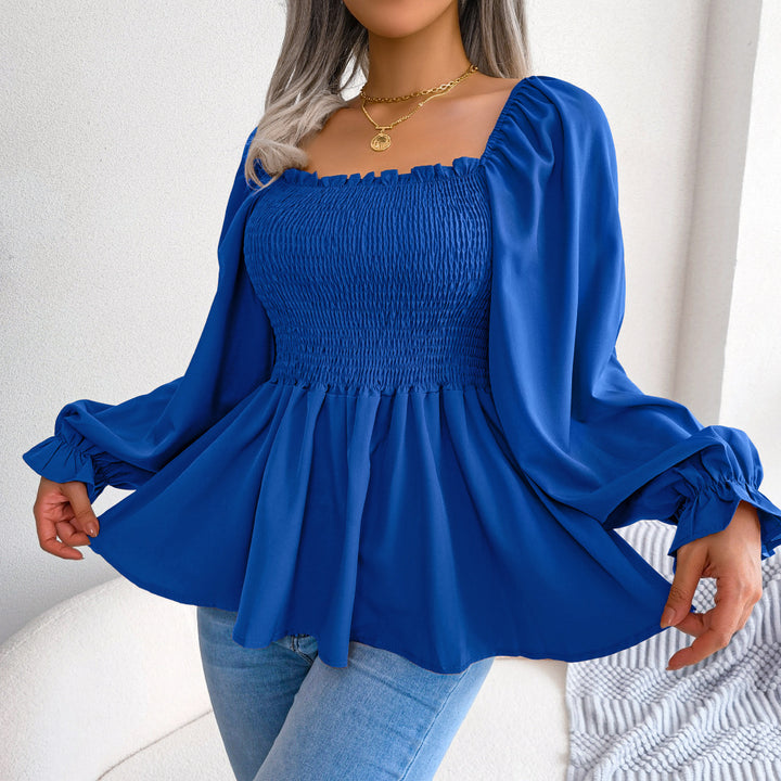 Blue Smocked Puff Sleeve Peplum Top