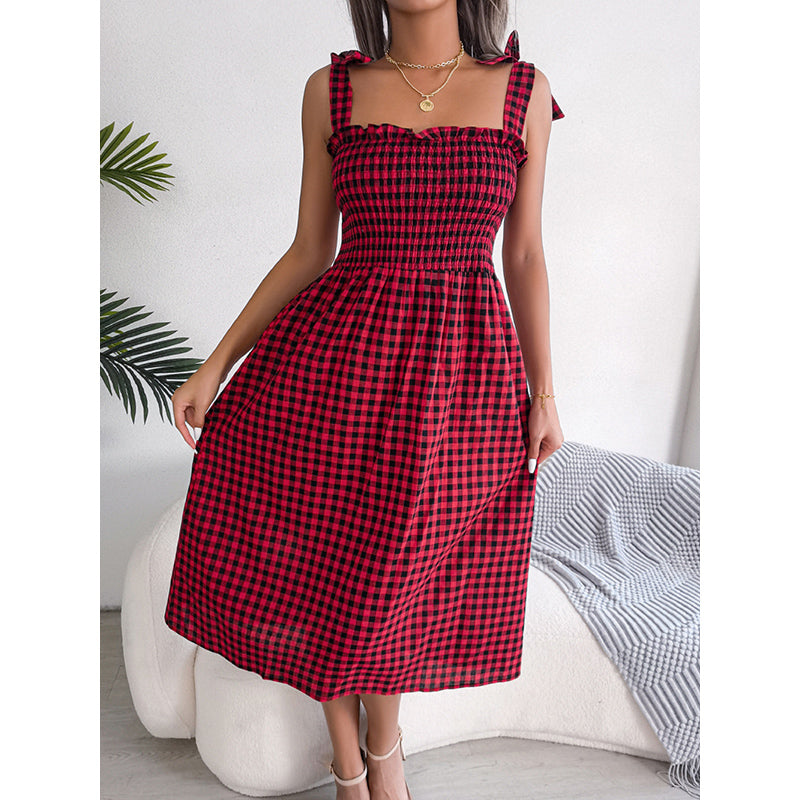 Red Checked Shoulder Straps Fit & Flare Midi Dress