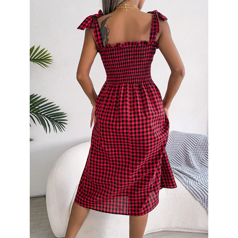 Red Checked Shoulder Straps Fit & Flare Midi Dress