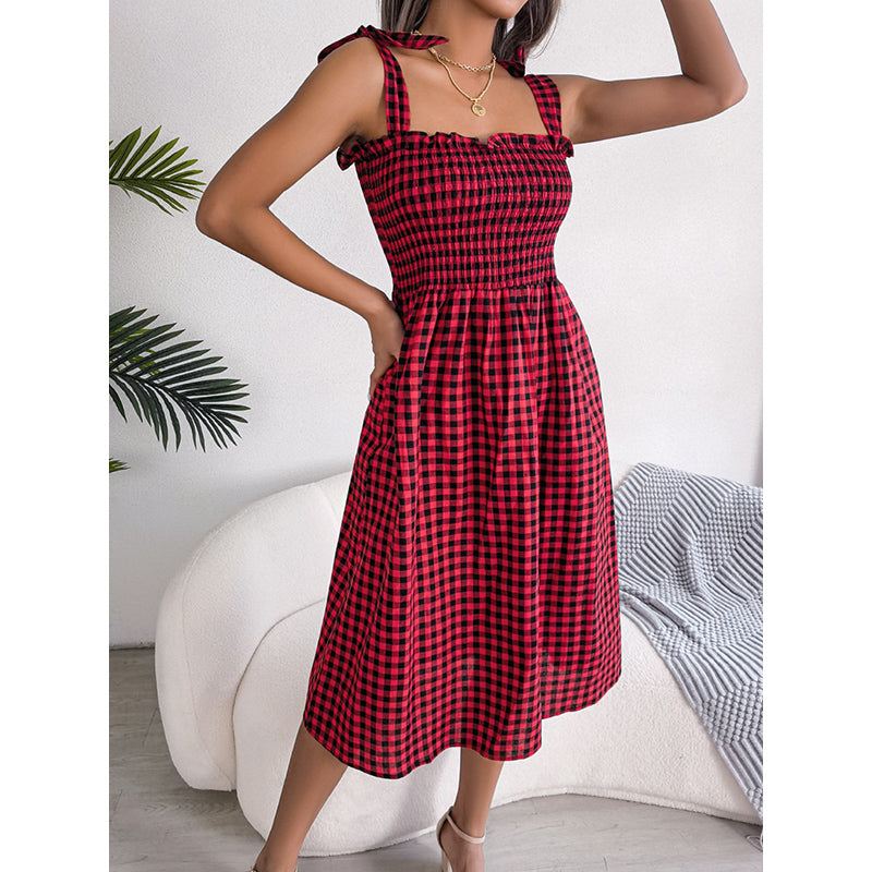 Red Checked Shoulder Straps Fit & Flare Midi Dress
