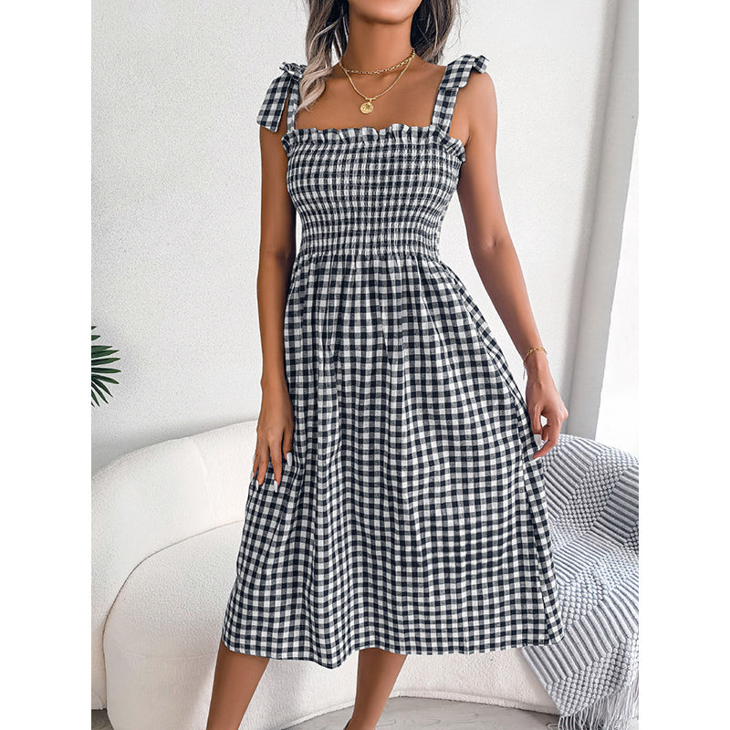 Black Checked Shoulder Straps Smocked Fit & Flare Midi Dress