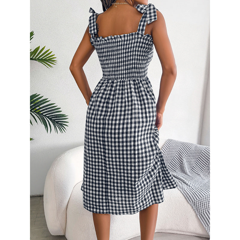 Black Checked Shoulder Straps Smocked Fit & Flare Midi Dress