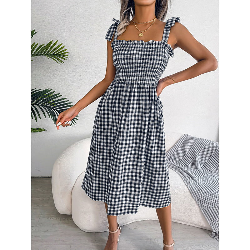 Black Checked Shoulder Straps Smocked Fit & Flare Midi Dress