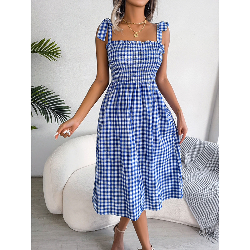 Blue Checked Shoulder Straps Smocked Fit & Flare Dress