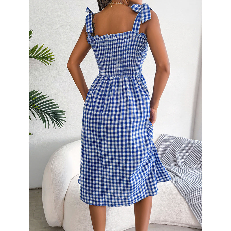 Blue Checked Shoulder Straps Smocked Fit & Flare Dress