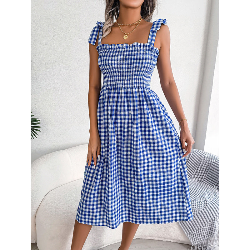 Blue Checked Shoulder Straps Smocked Fit & Flare Dress