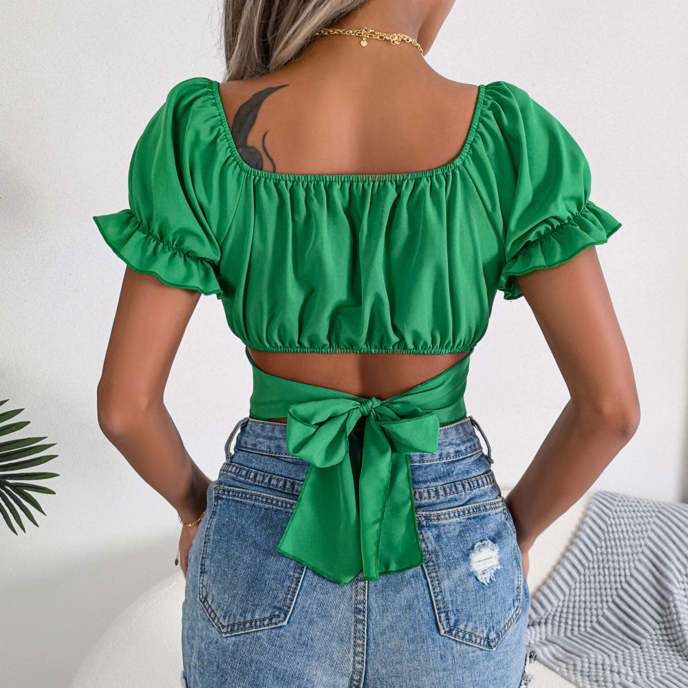 Green Square Neck Puff Sleeves Crop Top