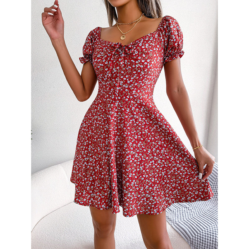 Floral Printed Sweetheart Neck Puff Sleeves Fit & Flare Mini Dress