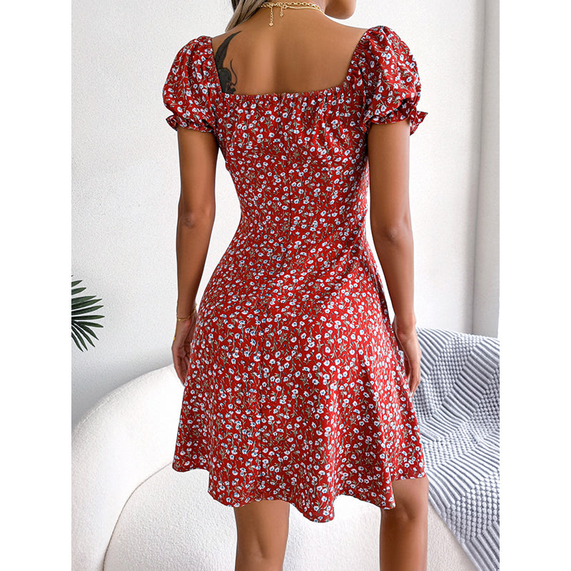 Floral Printed Sweetheart Neck Puff Sleeves Fit & Flare Mini Dress