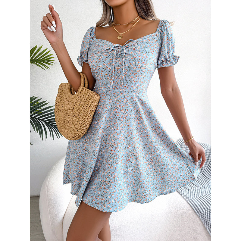 Sweetheart Neck Short Puff Sleeves Floral Print Fit & Flare Dress
