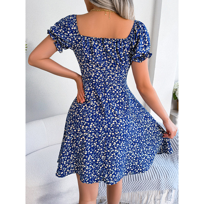 Floral Printed Sweetheart Neck Puff Sleeves Fit & Flare Mini Dress