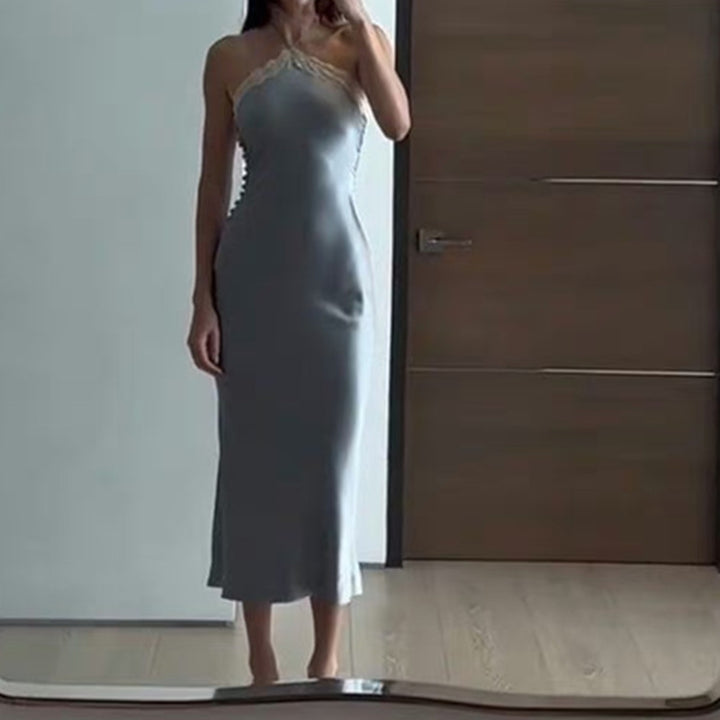 Blue Halter Neck Sheath Midi Dress
