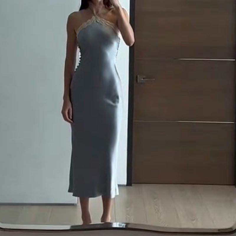 Blue Halter Neck Sheath Midi Dress