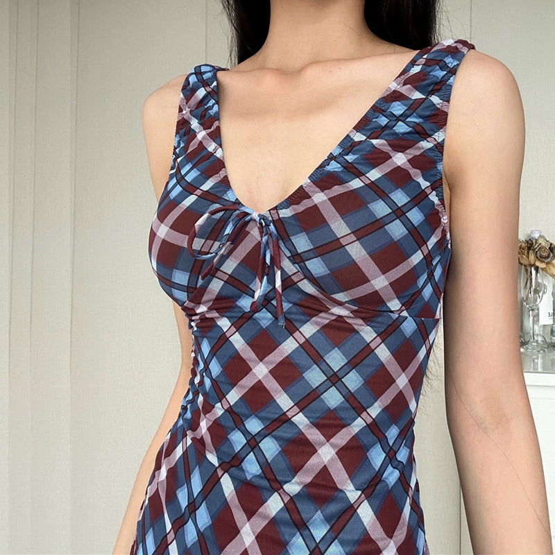 Blue Checked V Neck Bodycone Dress