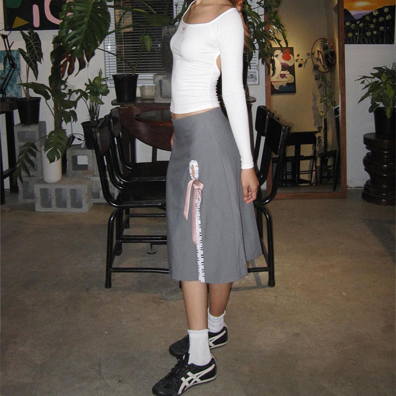 Grey High Waist A-Line Midi Skirt