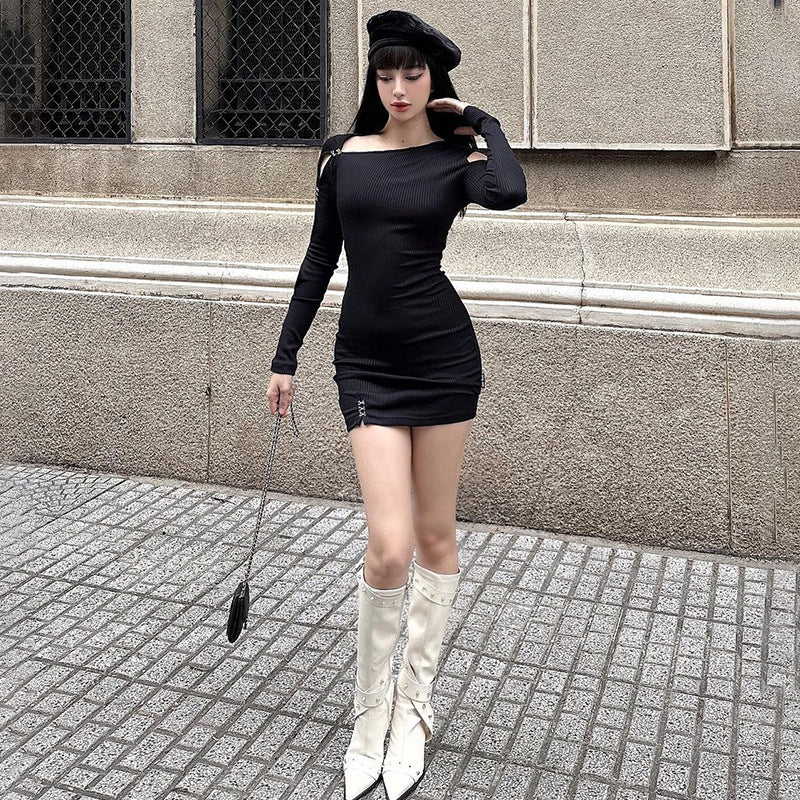 Black Boat Neck Mini Bodycon Dress