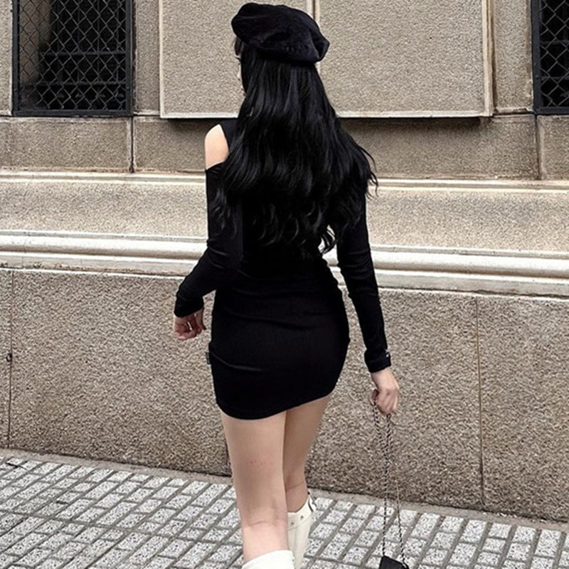 Black Boat Neck Mini Bodycon Dress