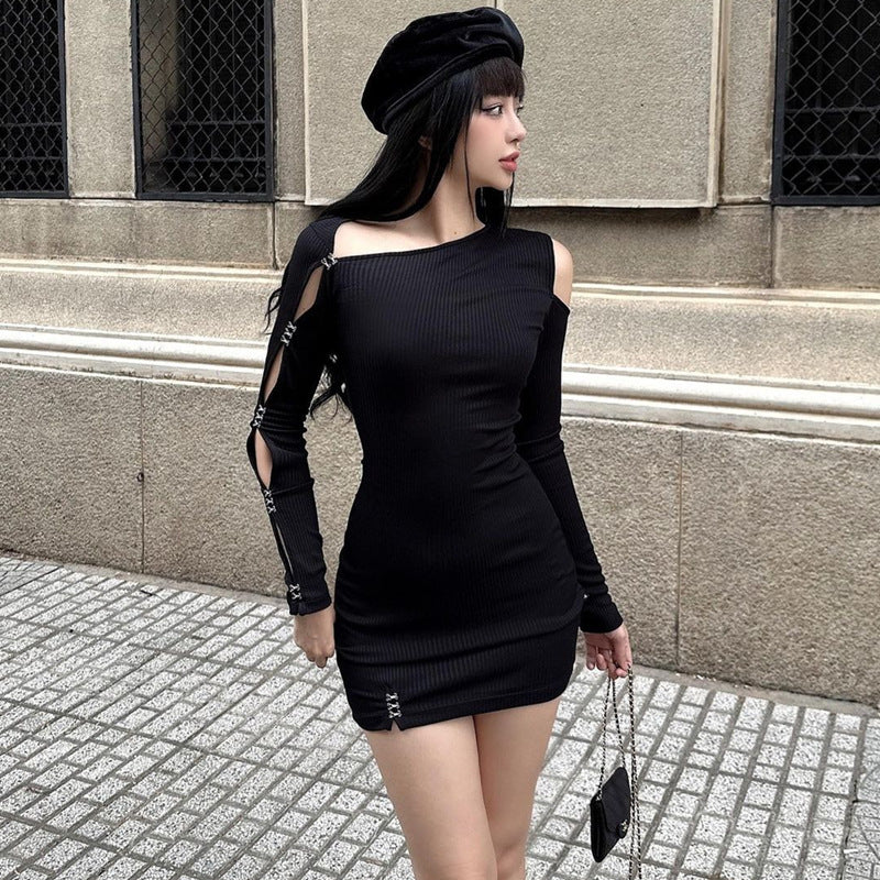 Black Boat Neck Mini Bodycon Dress