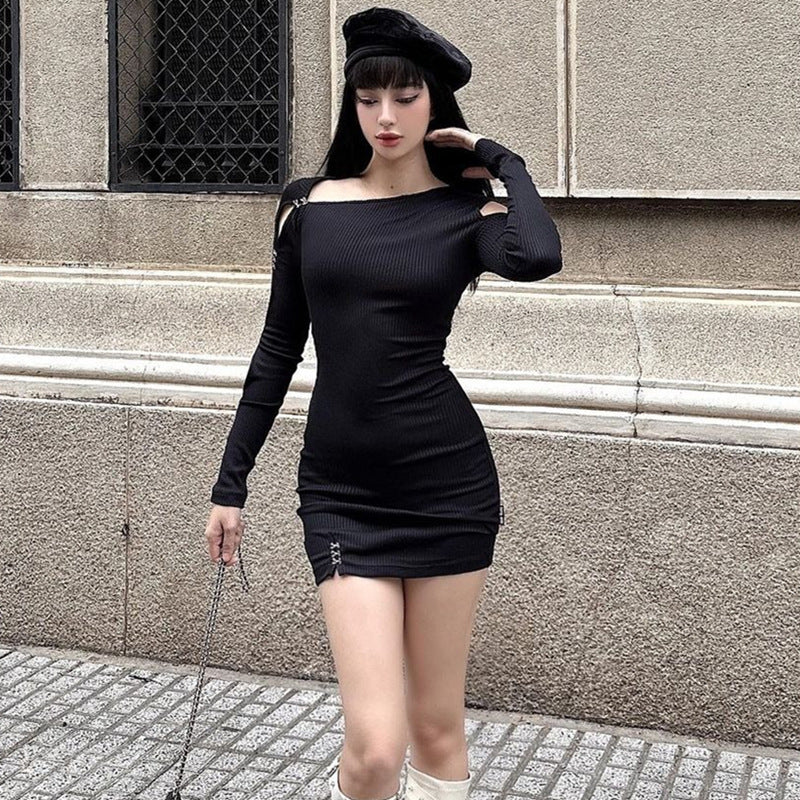 Black Boat Neck Mini Bodycon Dress