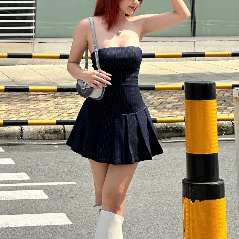 Blue Striped Strapless Drop-Waist Mini Dress