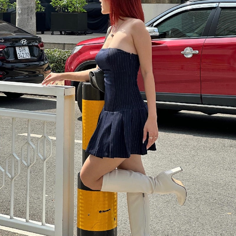 Blue Striped Strapless Drop-Waist Mini Dress