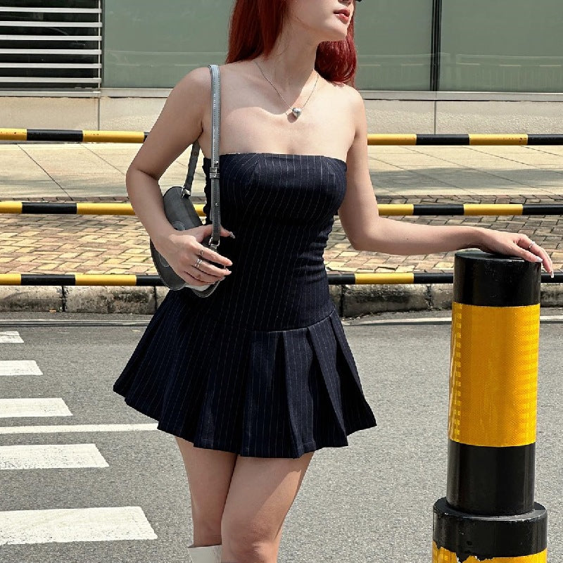Blue Striped Strapless Drop-Waist Mini Dress