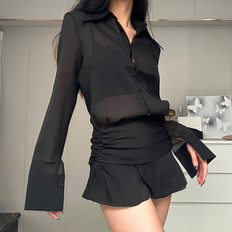 Black Shirt Collar Shirt With Skirt
