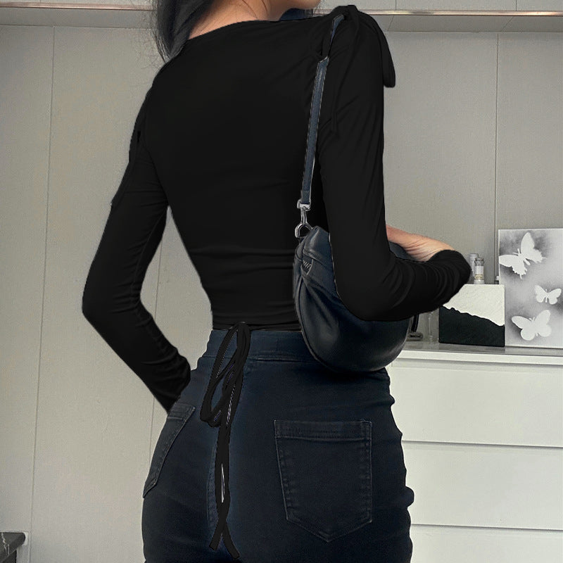 Black Tie-Up Neck Linen Fitted Crop Top