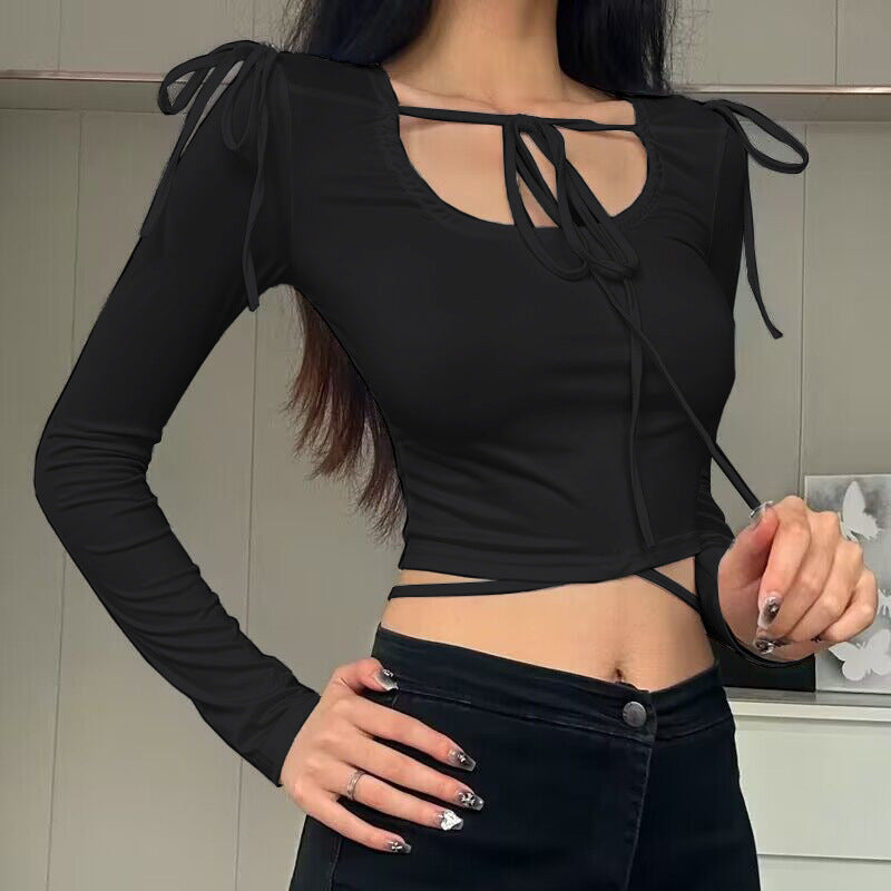 Black Tie-Up Neck Linen Fitted Crop Top