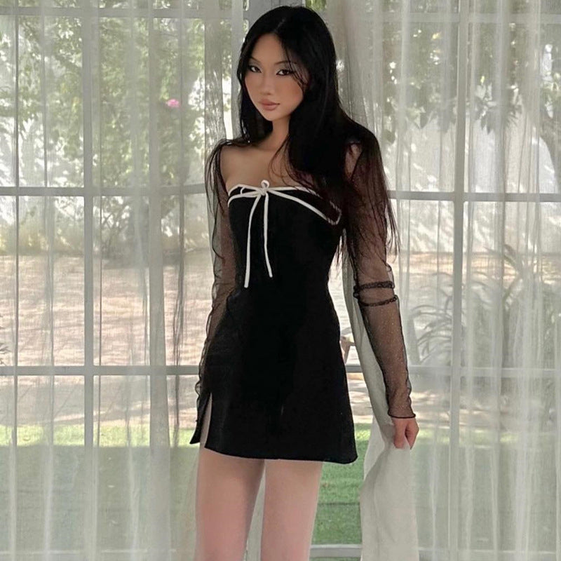 Black & White Off-Shoulder Bow Detailed Fit and Flare Dress