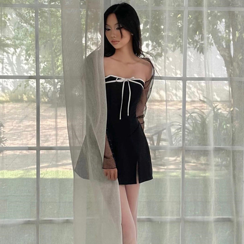 Black & White Off-Shoulder Bow Detailed Fit and Flare Dress