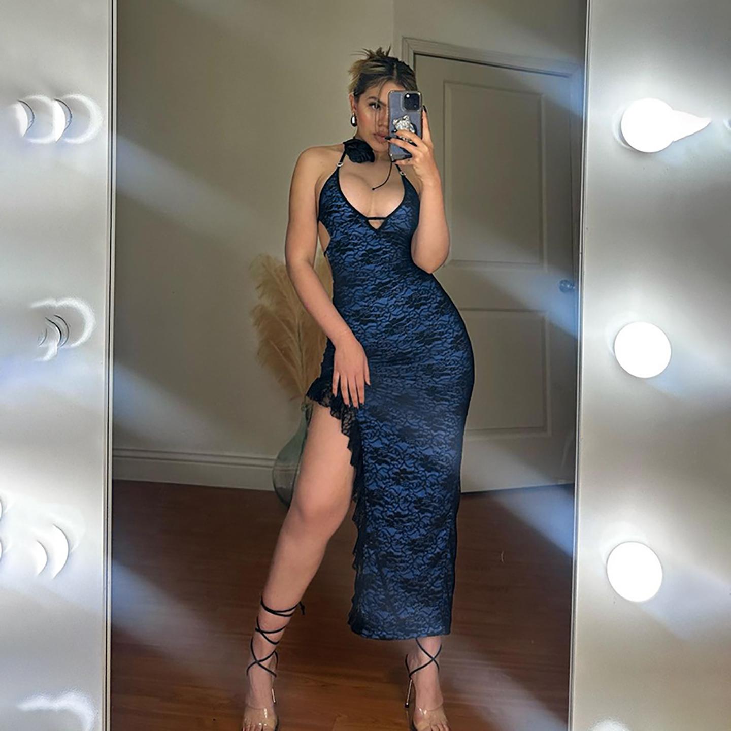 Blue Lace Sheath Maxi Dress