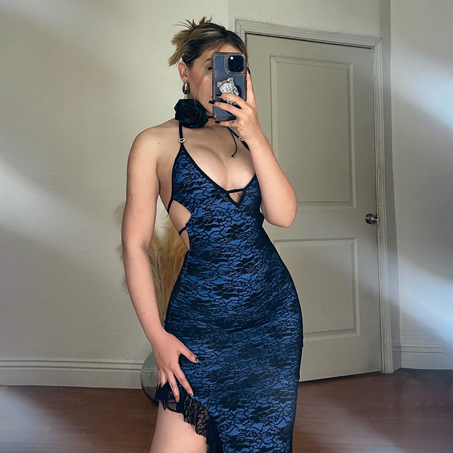 Blue Lace Sheath Maxi Dress