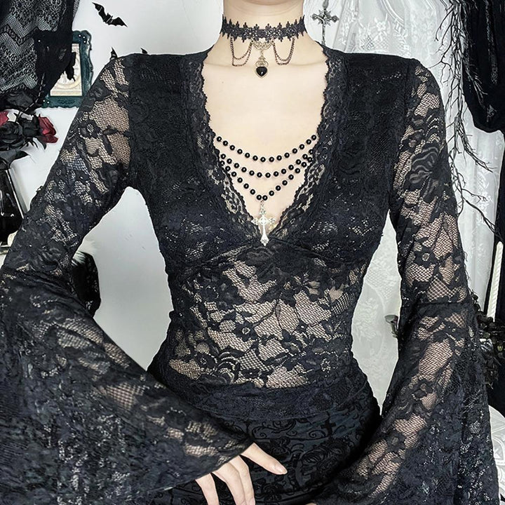 Women V-Neck Bell Sleeves Net Top