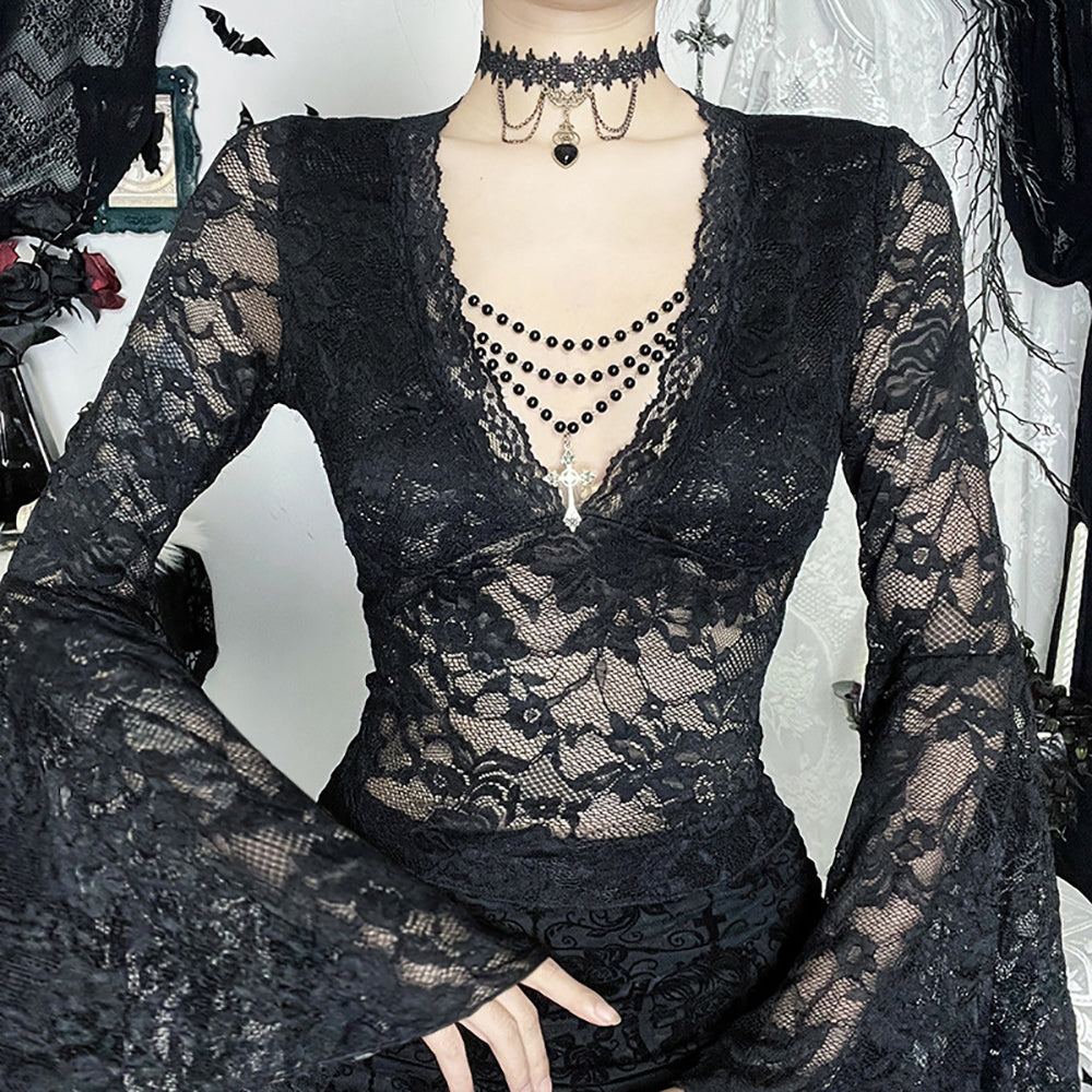 Women V-Neck Bell Sleeves Net Top