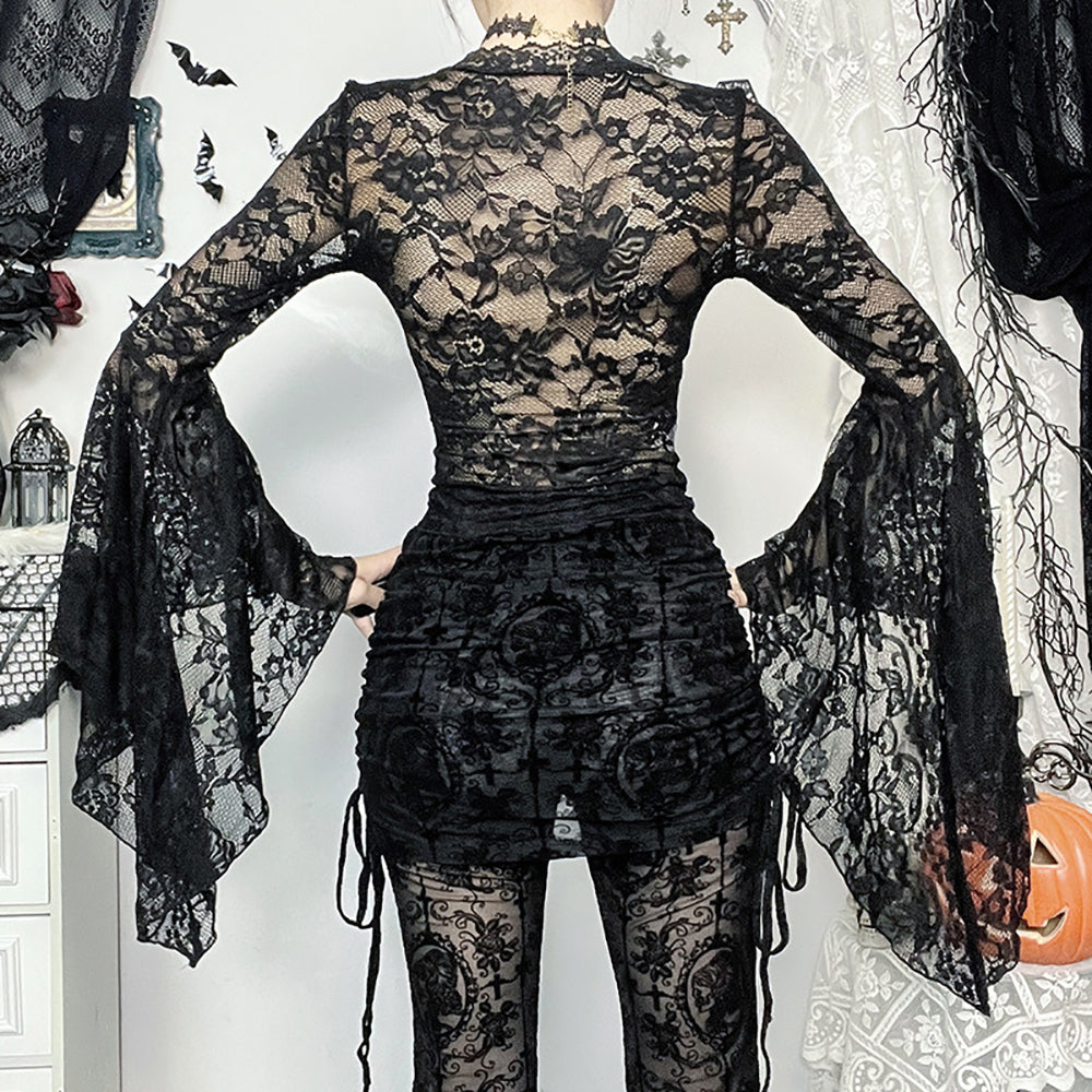 Women V-Neck Bell Sleeves Net Top