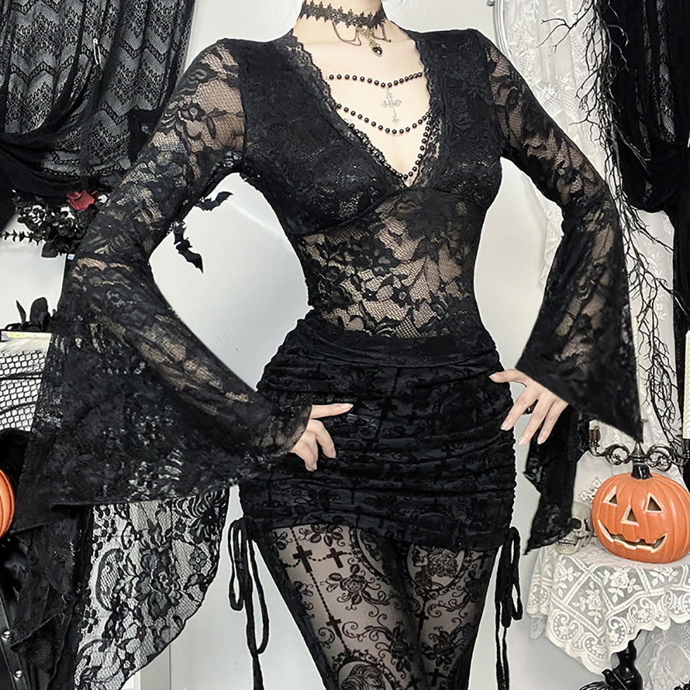 Women V-Neck Bell Sleeves Net Top