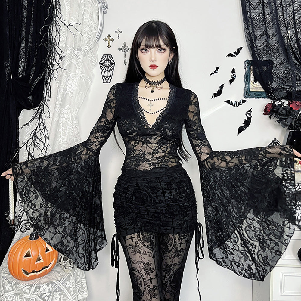 Women V-Neck Bell Sleeves Net Top