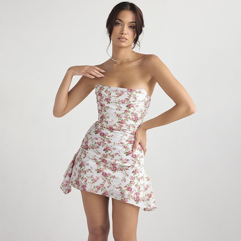Pink Floral Printed Strapless Ruched Sheath Mini Dress